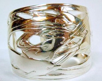 Handcast Sterling Silver Porpoise Cuff Bracelet: Ocean Wave Design