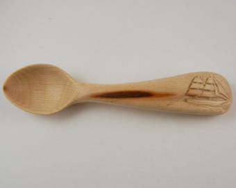 Small Carved Wooden Baby spoon or Spice Spoon with Sail Boat Relief Carving