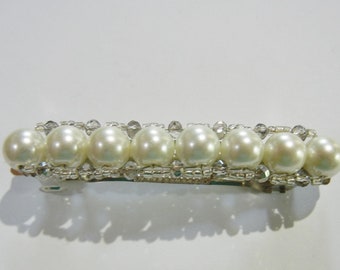 Large Glass Ivory Pearl Beaded Barrette.