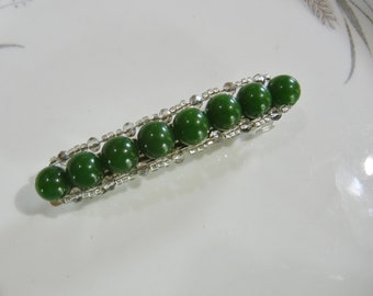 Green Emerald Stone Beaded Barrette, with Diamond Crystals, Large Size.