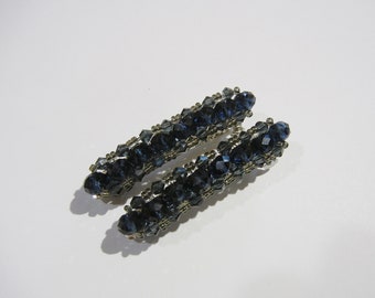 Medium Size Dark Blue Black Ink Crystals Beaded Barrettes