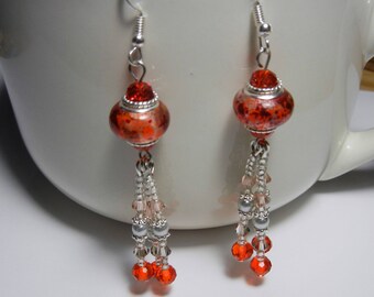 Native/European Style Red and silver Earrings, with lamp glass beads.