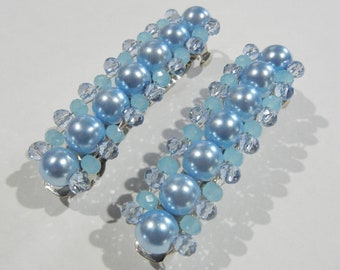 A pair of Baby Blue Pearl Beaded Barrettes, with Blue Crystals.