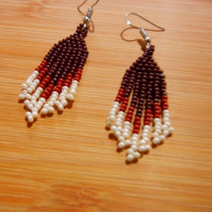 Brown and eggshell Feather Like Beaded Earrings, made with Czech Seed Beads