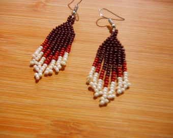 Brown and eggshell Feather Like Native Style beaded Earrings, made with Czech Seed Beads