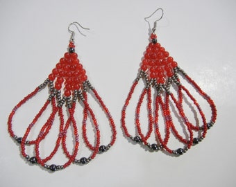 Large Red Stone Beaded Earrings, with Hematite Beads, Native, Boho, Gypsy Style.