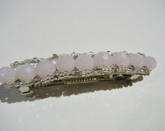 Large Size Light Pink Opal Crystal beaded Barrette with Diamond Crystals and Seed Beads.