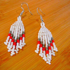 White with Red beaded Earrings, made with Czech Seed Beads
