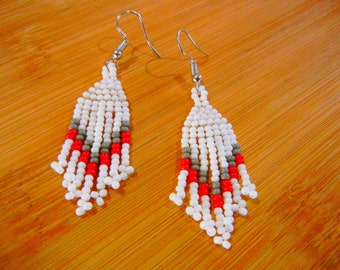 White with Red Native Style beaded Earrings, made with Czech Seed Beads