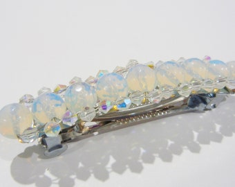 Moonstone Beaded Barrette, with Diamond Crystals, Large Size.