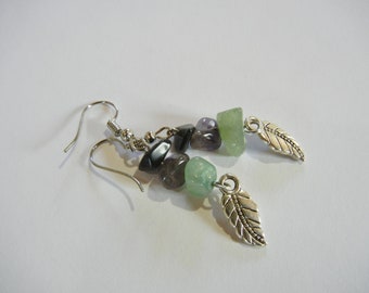 Little Feather Gem Stone Earrings, with Obsidian, Amethyst, and or Aventurine.