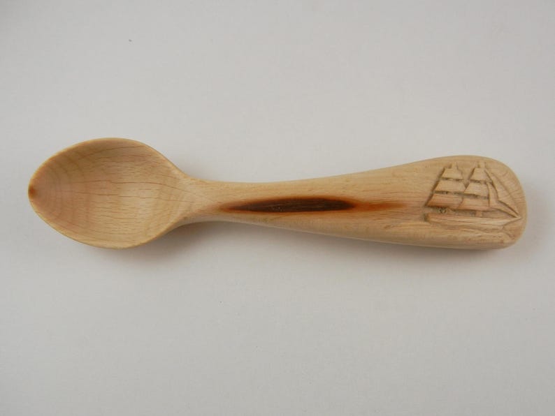 Small Carved Wooden Baby spoon or Spice Spoon with Sail Boat Relief Carving image 1