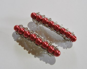 A pair of Red Pearl Beaded barrettes, with silver diamond beads, medium size.