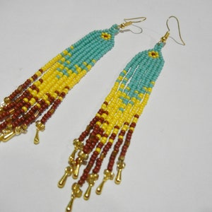 Special golden tipped Long beaded Earrings, made with Czech Seed Beads