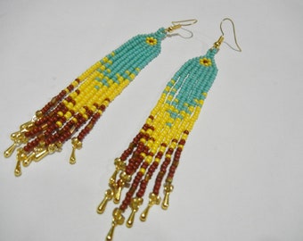 Special golden tipped  Native Style Long beaded Earrings, made with Czech Seed Beads