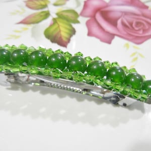 Green Emerald Stone Beaded Barrette, with Green Crystals, Large Size.