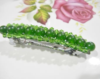 Green Emerald Stone Beaded Barrette, with Green Crystals, Large Size.
