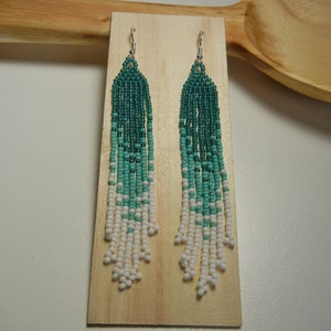 Ocean Blue Long Earrings, made with Teal, turquoise and White Seed Beads
