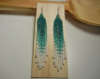 Ocean Blue Native Style Long Earrings, made with Teal, turquoise and White Seed Beads