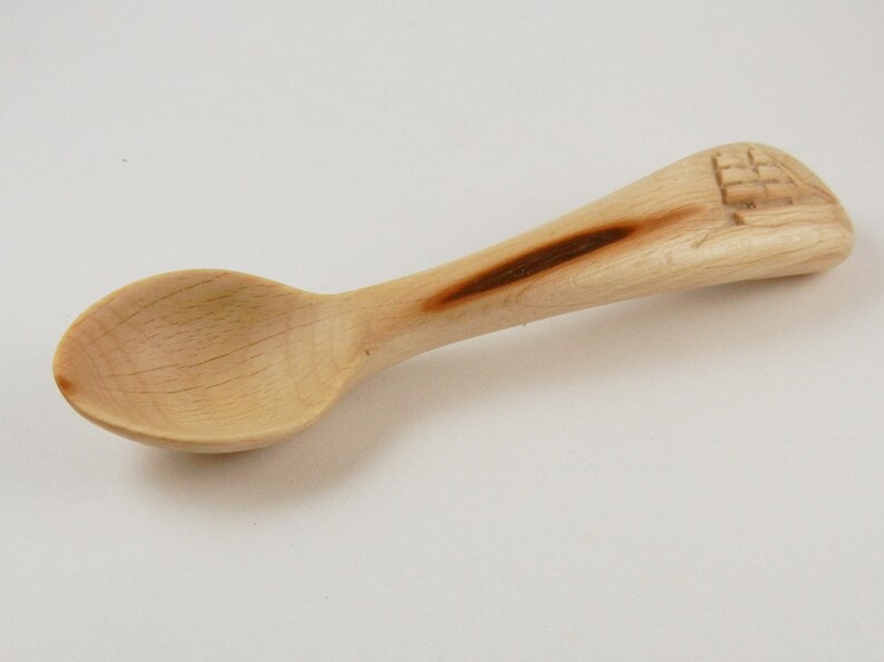 Small Carved Wooden Baby spoon or Spice Spoon with Sail Boat Relief Carving image 4