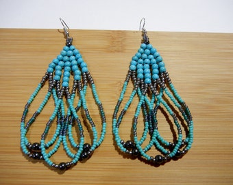 Large Turquoise and Hematite Beaded Earrings, Native Style, Boho, Ethnic, Modern Living.