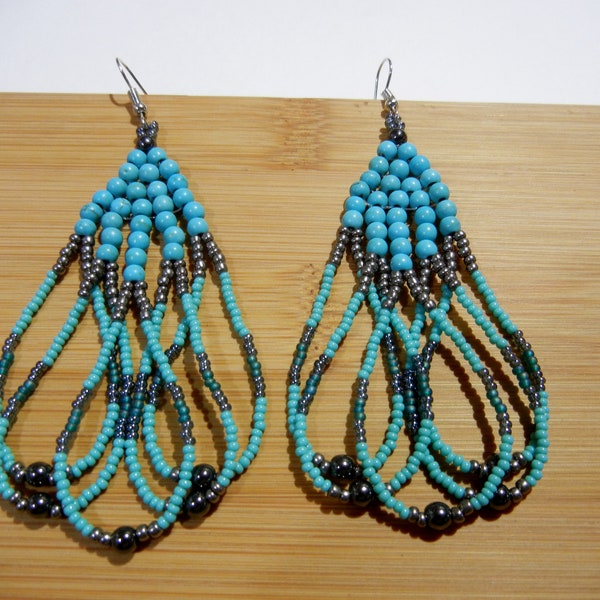 Large Turquoise and Hematite Beaded Earrings, Native Style, Boho, Ethnic, Modern Living.