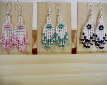 Small Native Style White Beaded Earrings, Butterfly Wings