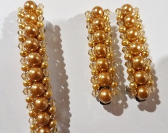 Pretty Gold Large Pearl Beaded Barrettes with Small Golden pearls and Crystals