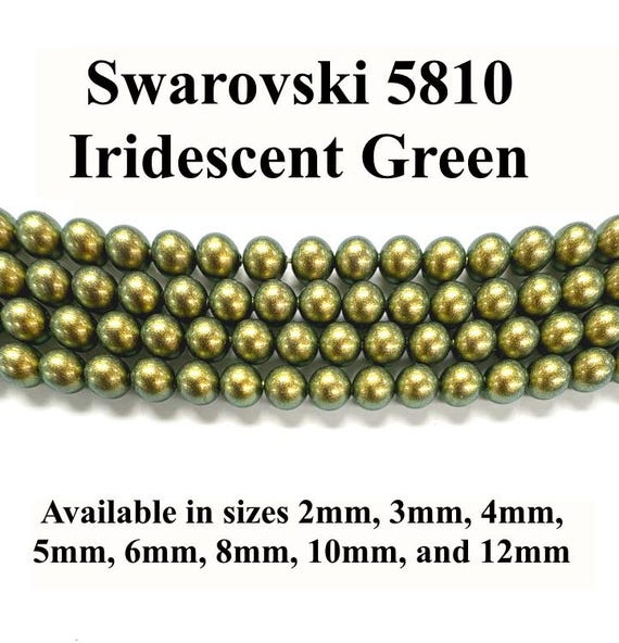 Iridescent Green Swarovski 5810 Crystal Round Pearls - 2mm, 3mm, 4mm, 5mm, 6mm, 8mm, 10mm, and 12mm - Strands - Made in Austria