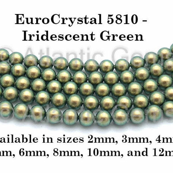 Iridescent Green EuroCrystal 5810 Crystal Round Pearls - 2mm, 3mm, 4mm, 5mm, 6mm, 8mm, 10mm, and 12mm