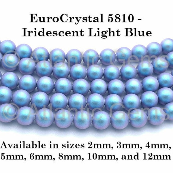 Iridescent Light Blue EuroCrystal 5810 Round Pearls - 2mm, 3mm, 4mm, 5mm, 6mm, 8mm, 10mm, and 12mm