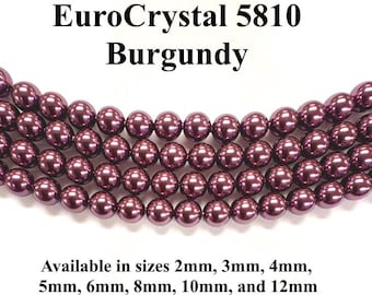 Burgundy EuroCrystal 5810 Round Pearls - 2mm, 3mm, 4mm, 5mm, 6mm, 8mm, 10mm, and 12mm - Strands - Made in Austria