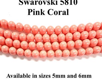 Pink Coral Swarovski 5810 Crystal Round Pearls - 5mm and 6mm