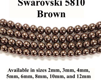 Brown Swarovski 5810 Round Pearls - 2mm, 3mm, 4mm, 5mm, 6mm, 8mm, 10mm, and 12mm - Strands - Made in Austria