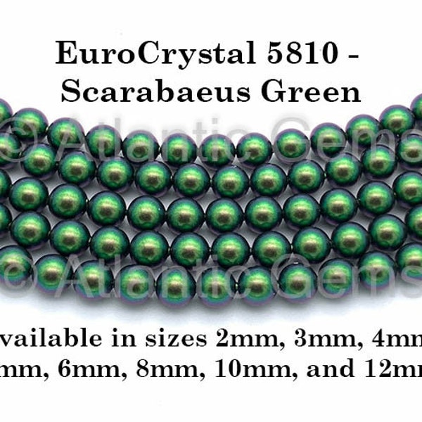 Scarabaeus Green EuroCrystal 5810 Round Pearls - 2mm, 3mm, 4mm, 5mm, 6mm, 8mm, 10mm, and 12mm