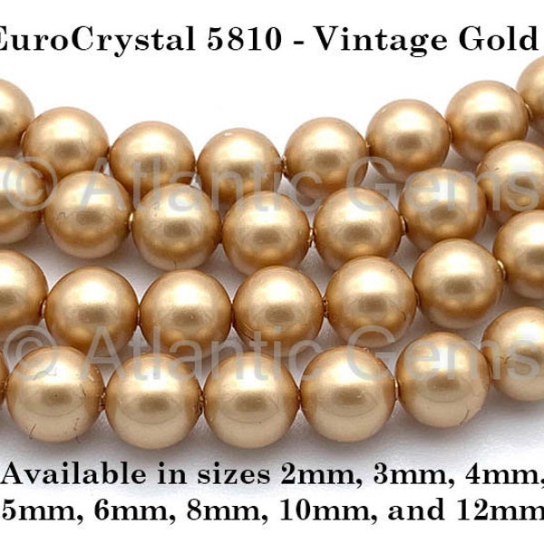Vintage Gold EuroCrystal 5810 Round Pearls - 2mm, 3mm, 4mm, 5mm, 6mm, 8mm, 10mm, and 12mm