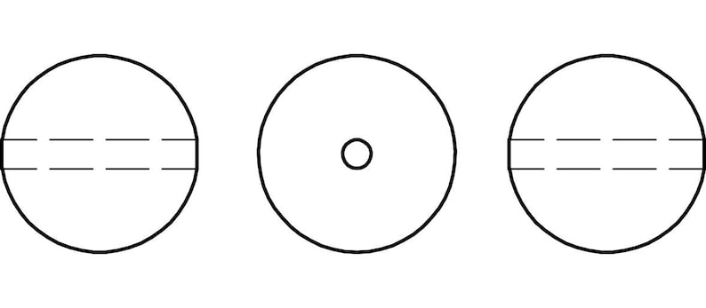 May include: Three round beads, each with a different design. The first bead has two horizontal lines across the center. The second bead has a small circle in the center. The third bead has two horizontal lines across the center.