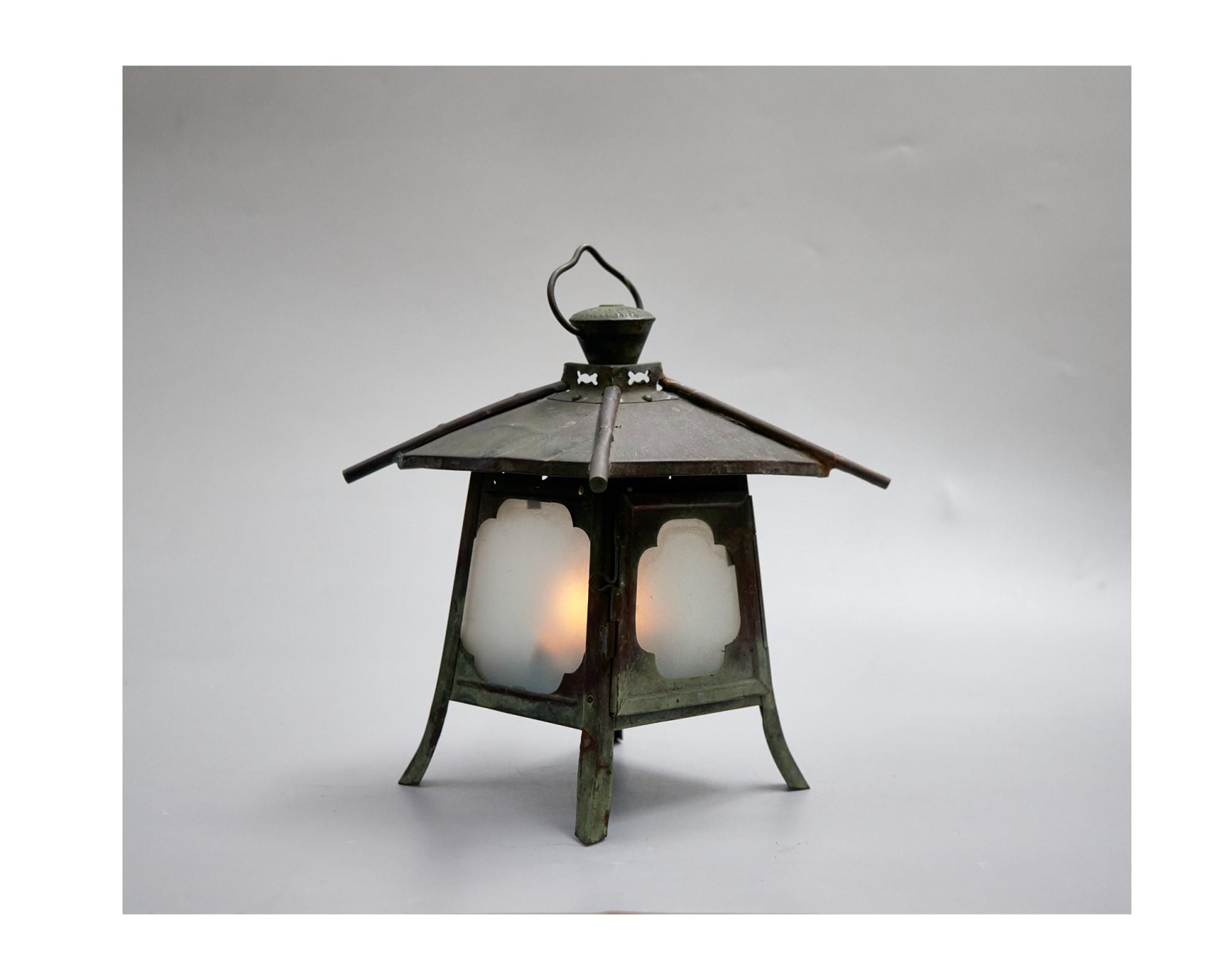 Antique Japanese Copper Lantern With Frosted Glass – Meiji Era