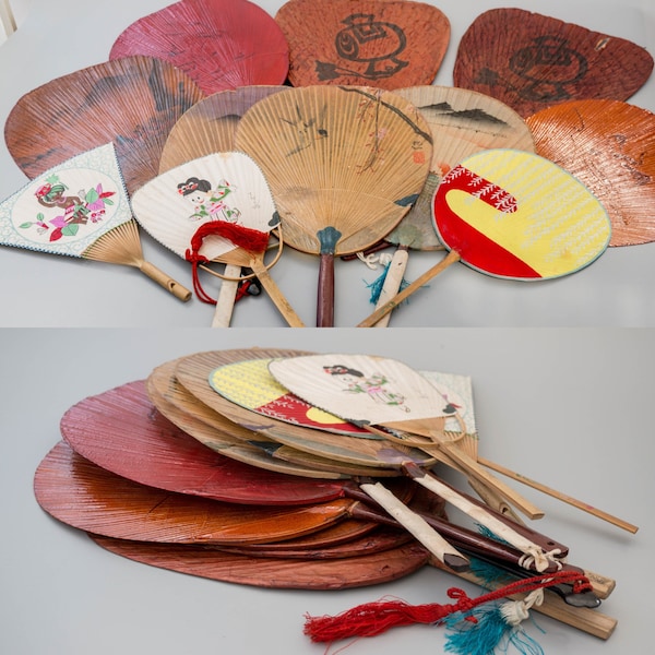 Set of 11 Vintage paper fans from Hida Takayama Japanese fan with handle