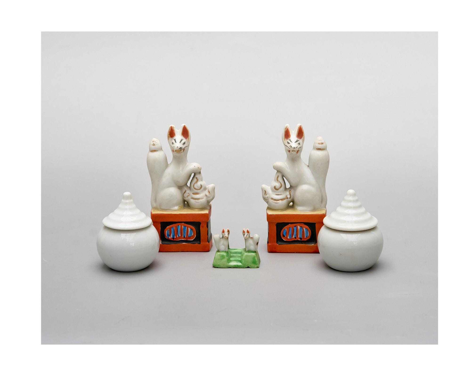 Japanese Inari Fox Set, Shinto Altar Kamidana Decor, Porcelain