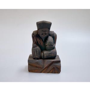 Handgesneden houten Ebisu-standbeeld | Japanse volksgod van het geluk | Begin jaren 1900