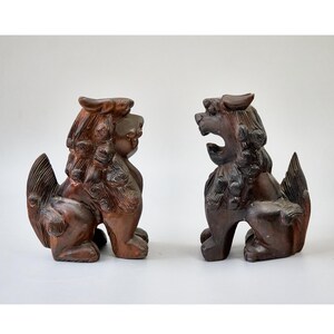 Vintage Okinawan Shisa Lion Statues - Hand-Carved Wood Guardian Pair, 20cm Tall