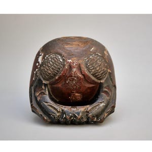 Antique Wooden Mokugyo Buddhist Drum, Late 1800s, Deep Red Lacquer, Signed Gyokurin, Worn Patina, Temple Artifact Japan