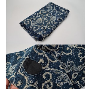 Antik indigo textil fågel- och vinrankmönster Boro bomull handsydd 69 x 52 sent 1800-tal/tidigt 1900-tal