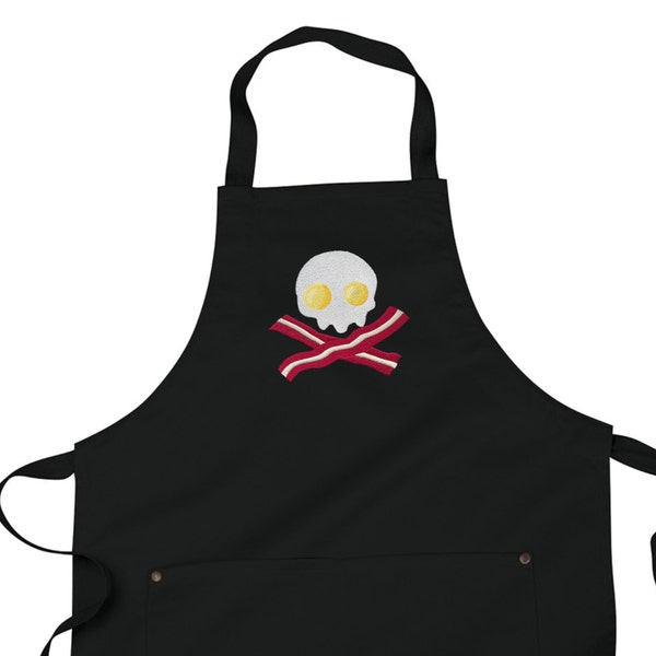 Bacon and Eggs Apron, Punk Rock Apron, Skull Breakfast Apron, Embroidered 8 oz Organic Cotton, Recycled Polyester Eco Apron