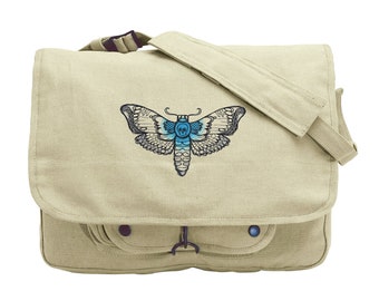 Vintage Bohemian Moths illustration Magnetic Closure Inside pocket Hobo Sling Tote Crossbody Strap 14.5x14x3