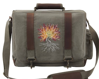 Nocturnus - Tree Laptop Bag, Tree Embroidered Canvas with Leather Accents Premium Laptop Bag