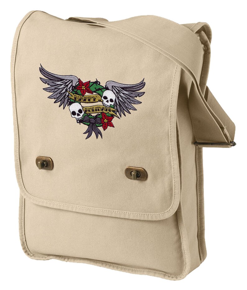 Tattoo Christmas Happy Holidays Wreath Embroidered Canvas Field Bag