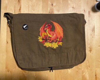 MiSFitS - Autumn Dragon Embroidered BROWN Canvas Messenger Bag