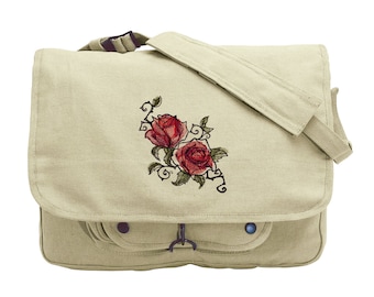 Sac messager en toile brodée roses peintes